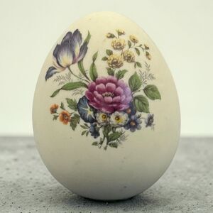 Porcelain Floral Bouquet Hand Painted Egg Green Felt Circle Bottom 3in